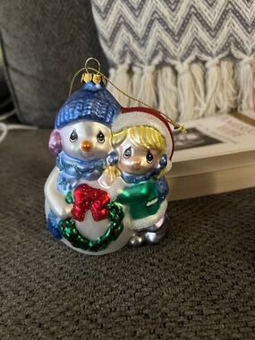 Precious Moments Blue, Green, Red Snowman and Child Christmas Ornament